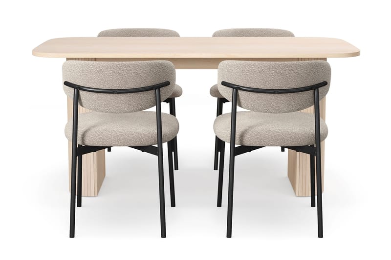 Kopparbo Spisebord 160 cm med 4 Lucy Spisestoler - Hvit / Greige Bouclé / Metallben Svart - Møbler - Bord - Spisegruppe