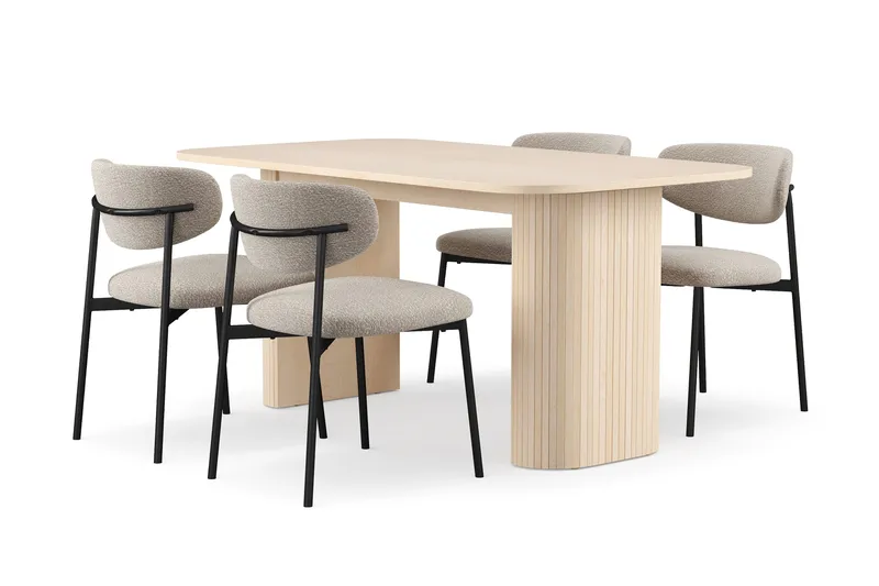 Kopparbo Spisebord 160 cm med 4 Lucy Spisestoler, Hvit / Greige Bouclé / Metallben Svart
