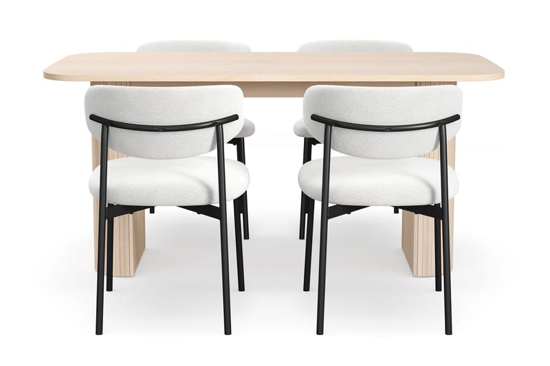 Kopparbo Spisebord 160 cm med 4 Lucy Spisestoler - Hvit / Hvit Bouclé / Metallben Svart - Møbler - Bord - Spisegruppe