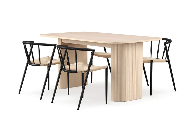 Kopparbo Spisebord 160 cm med 4 Winston Spisestoler, Hvit / Beige / Metallben Svart