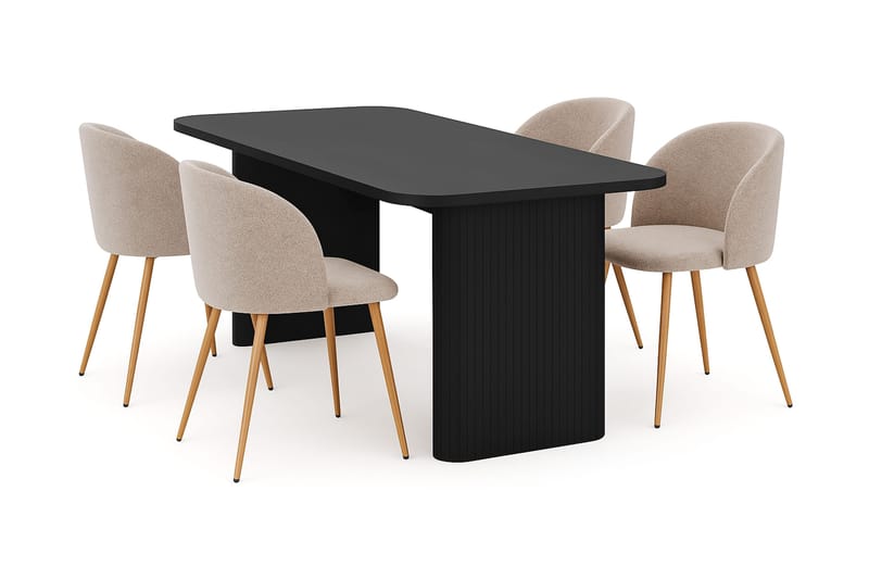 Kopparbo Spisebord 180-240 cm Uttrekkbart med 4 Greya Spisestoler med armlener, Svart / Greige Bouclé / Metallben Eik