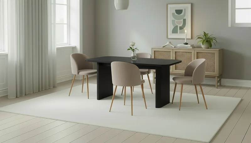 Kopparbo Spisebord 180-240 cm Uttrekkbart med 4 Greya Spisestoler med armlener - Svart / Greige Bouclé / Metallben Eik - Møbler - Bord - Spisegruppe