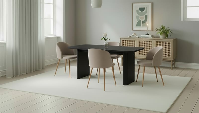 Kopparbo Spisebord 180-240 cm Uttrekkbart med 4 Greya Spisestoler med armlener - Svart / Greige Bouclé / Metallben Eik - Møbler - Bord - Spisegruppe