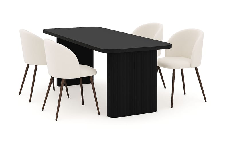 Kopparbo Spisebord 180-240 cm Uttrekkbart med 4 Greya Spisestoler med armlener, Svart / Hvit Bouclé / Metallben Valnøtt