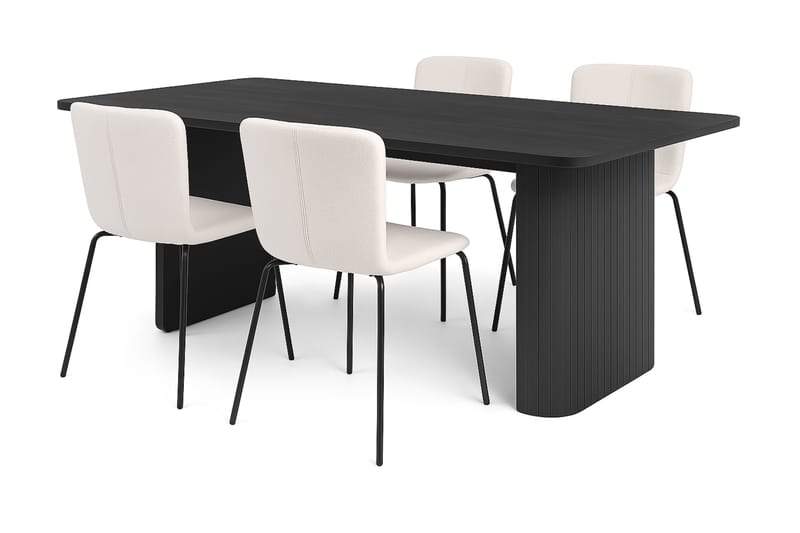 Kopparbo Spisebord 180-240 cm Uttrekkbart med 4 Katy Spisestoler, Svart / Hvit Bouclé / Metallben Svart