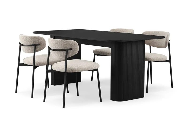 Kopparbo Spisebord 180-240 cm Uttrekkbart med 4 Lucy Spisestoler, Svart / Greige Bouclé / Metallben Svart