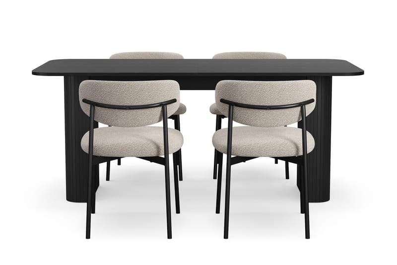 Kopparbo Spisebord 180-240 cm Uttrekkbart med 4 Lucy Spisestoler - Svart / Greige Bouclé / Metallben Svart - Møbler - Bord - Spisegruppe