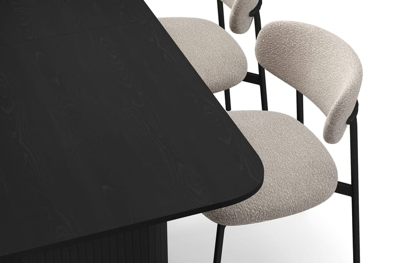 Kopparbo Spisebord 180-240 cm Uttrekkbart med 4 Lucy Spisestoler - Svart / Greige Bouclé / Metallben Svart - Møbler - Bord - Spisegruppe