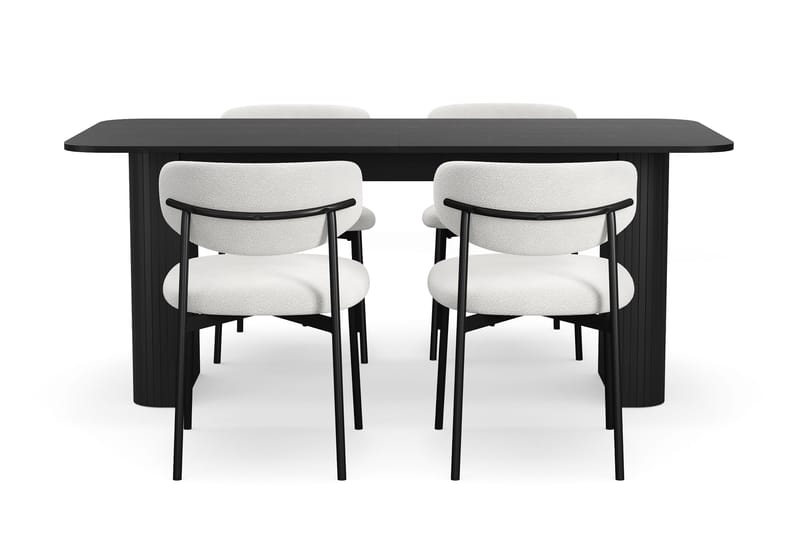 Kopparbo Spisebord 180-240 cm Uttrekkbart med 4 Lucy Spisestoler - Svart / Hvit Bouclé / Metallben Svart - Møbler - Bord - Spisegruppe
