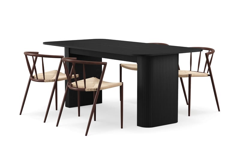 Kopparbo Spisebord 180-240 cm Uttrekkbart med 4 Winston Spisestoler, Svart / Beige / Metallben Røkt eik