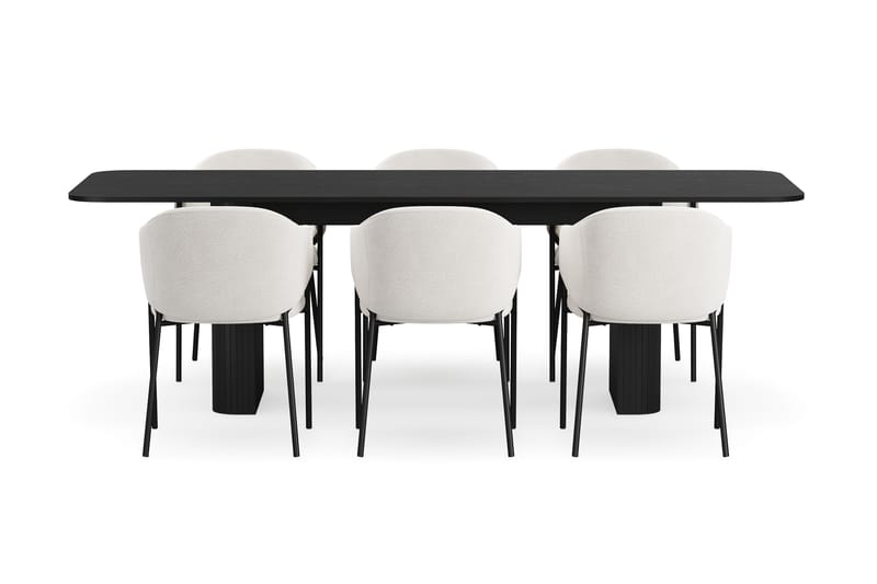 Kopparbo Spisebord 180-240 cm Uttrekkbart med 6 Filip Spisestoler - Svart / Hvit Bouclé - Møbler - Bord - Spisegruppe