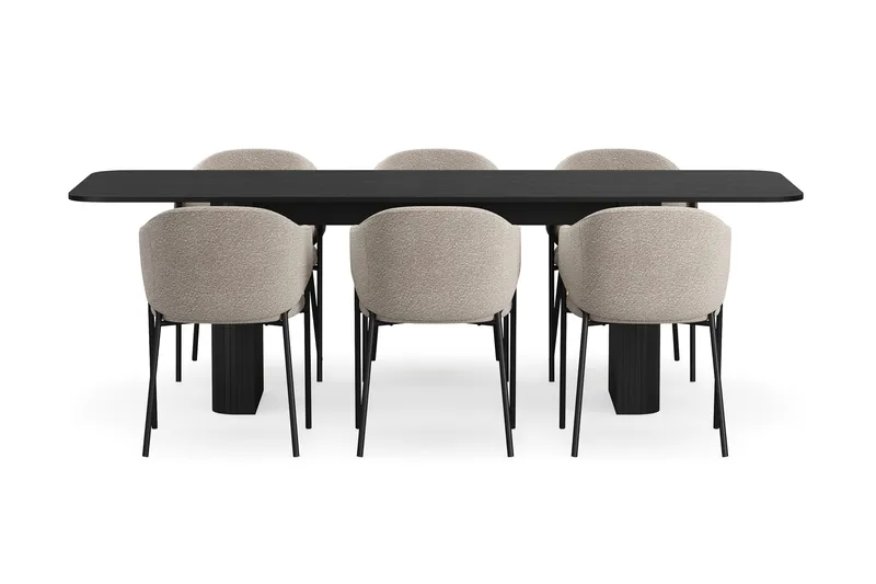 Kopparbo Spisebord 180-240 cm Uttrekkbart med 6 Filip Spisestoler - Svart / Taupe Bouclé - Møbler - Bord - Spisegruppe