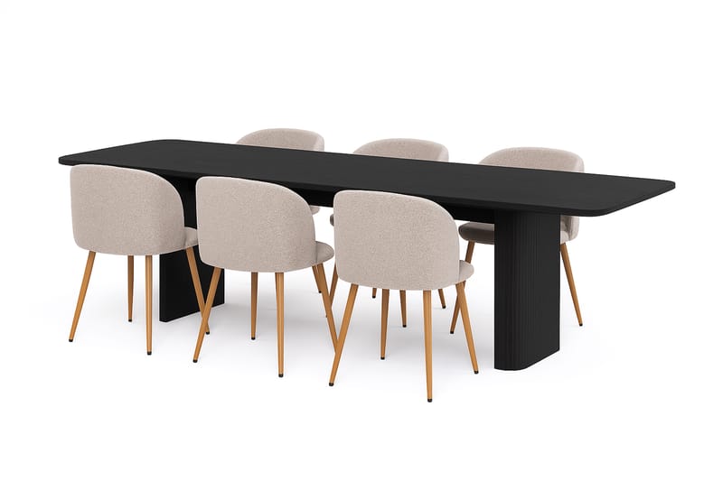 Kopparbo Spisebord 180-240 cm Uttrekkbart med 6 Greya Spisestoler med armlener, Svart / Greige Bouclé / Metallben Eik