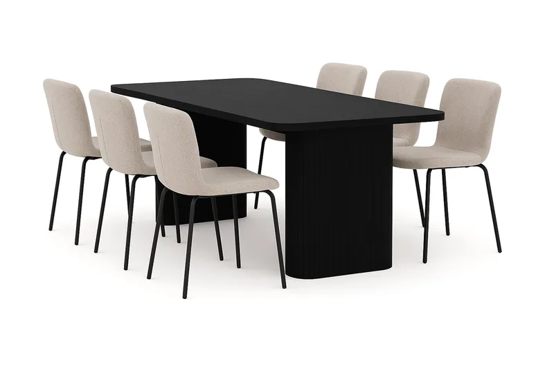 Kopparbo Spisebord 180-240 cm Uttrekkbart med 6 Katy Spisestoler, Svart / Greige Bouclé / Metallben Svart