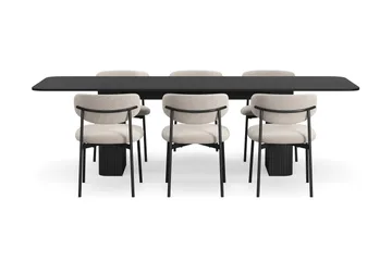 Kopparbo Spisebord 180-240 cm Uttrekkbart med 6 Lucy Spisestoler - Svart / Greige Bouclé / Metallben Svart - Møbler - Bord - Spisegruppe