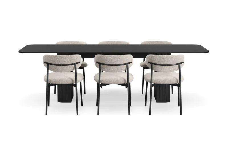 Kopparbo Spisebord 180-240 cm Uttrekkbart med 6 Lucy Spisestoler - Svart / Greige Bouclé / Metallben Svart - Møbler - Bord - Spisegruppe