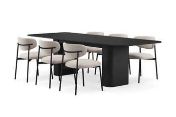 Kopparbo Spisebord 180-240 cm Uttrekkbart med 6 Lucy Spisestoler - Svart / Greige Bouclé / Metallben Svart - Møbler - Bord - Spisegruppe