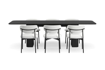 Kopparbo Spisebord 180-240 cm Uttrekkbart med 6 Lucy Spisestoler - Svart / Hvit Bouclé / Metallben Svart - Møbler - Bord - Spisegruppe