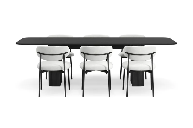 Kopparbo Spisebord 180-240 cm Uttrekkbart med 6 Lucy Spisestoler - Svart / Hvit Bouclé / Metallben Svart - Møbler - Bord - Spisegruppe