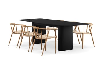 Kopparbo Spisebord 180-240 cm Uttrekkbart med 6 Winston Spisestoler - Svart / Beige / Metallben Eik - Møbler - Bord - Spisegruppe