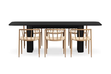 Kopparbo Spisebord 180-240 cm Uttrekkbart med 6 Winston Spisestoler - Svart / Beige / Metallben Eik - Møbler - Bord - Spisegruppe