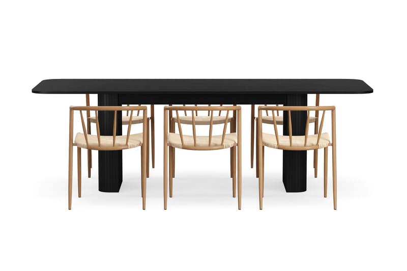 Kopparbo Spisebord 180-240 cm Uttrekkbart med 6 Winston Spisestoler - Svart / Beige / Metallben Eik - Møbler - Bord - Spisegruppe