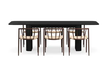 Kopparbo Spisebord 180-240 cm Uttrekkbart med 6 Winston Spisestoler - Svart / Beige / Metallben Røkt eik - Møbler - Bord - Spisegruppe