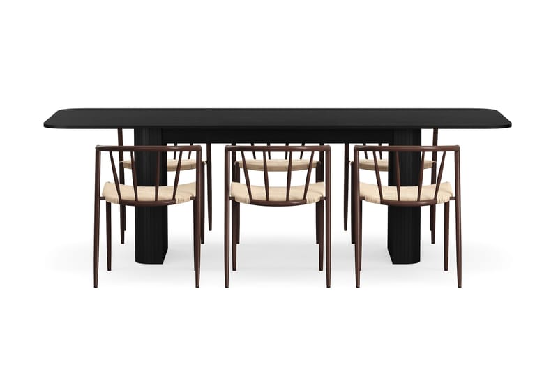 Kopparbo Spisebord 180-240 cm Uttrekkbart med 6 Winston Spisestoler - Svart / Beige / Metallben Røkt eik - Møbler - Bord - Spisegruppe