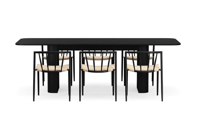 Kopparbo Spisebord 180-240 cm Uttrekkbart med 6 Winston Spisestoler - Svart / Beige / Metallben Svart - Møbler - Bord - Spisegruppe