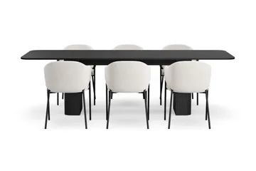 Kopparbo Spisebord 200-260 cm Uttrekkbart med 6 Filip Spisestoler - Svart / Hvit Bouclé - Møbler - Bord - Spisegruppe