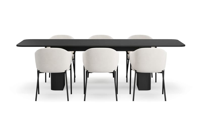 Kopparbo Spisebord 200-260 cm Uttrekkbart med 6 Filip Spisestoler - Svart / Hvit Bouclé - Møbler - Bord - Spisegruppe