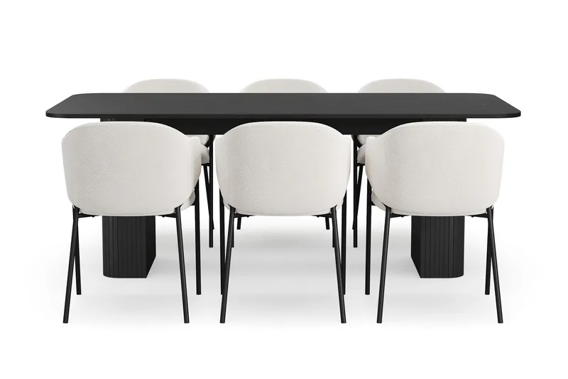 Kopparbo Spisebord 200-260 cm Uttrekkbart med 6 Filip Spisestoler - Svart / Hvit Bouclé - Møbler - Bord - Spisegruppe