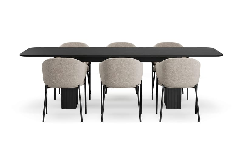 Kopparbo Spisebord 200-260 cm Uttrekkbart med 6 Filip Spisestoler - Svart / Taupe Bouclé - Møbler - Bord - Spisegruppe
