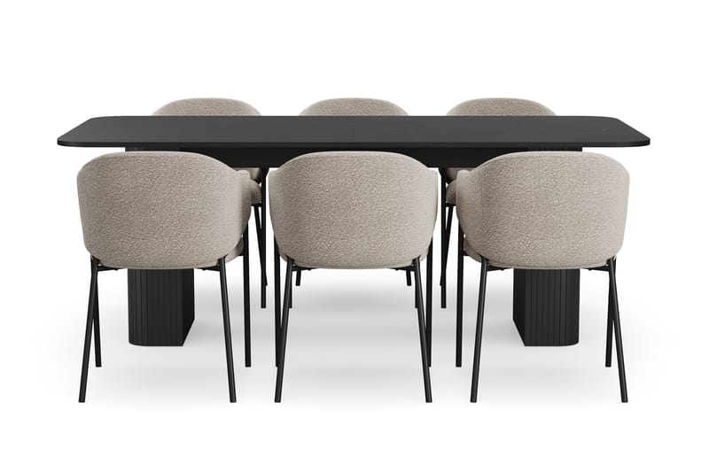 Kopparbo Spisebord 200-260 cm Uttrekkbart med 6 Filip Spisestoler - Svart / Taupe Bouclé - Møbler - Bord - Spisegruppe