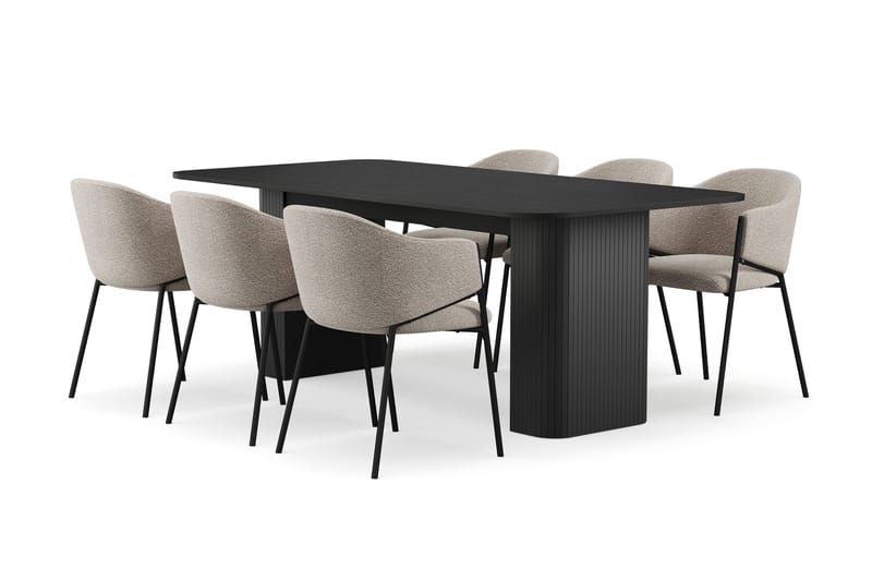 Kopparbo Spisebord 200-260 cm Uttrekkbart med 6 Filip Spisestoler, Svart / Taupe Bouclé
