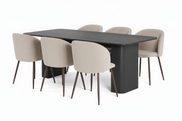 Kopparbo Spisebord 200-260 cm Uttrekkbart med 6 Greya Spisestoler med armlener - Svart / Greige Bouclé / Metallben Eik - Møbler - Bord - Spisegruppe