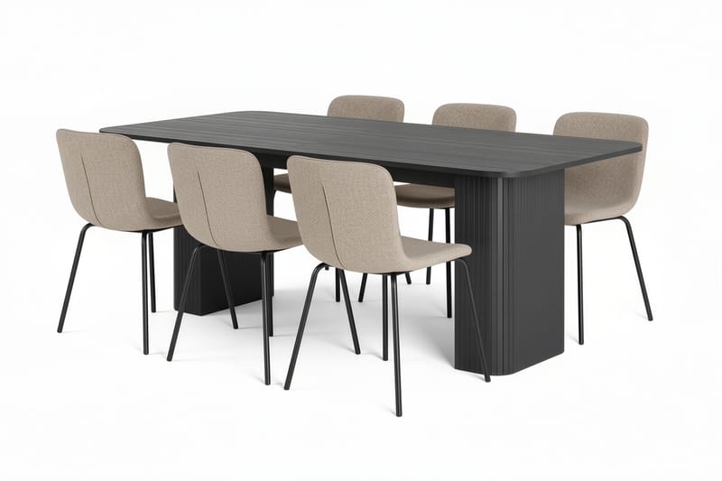 Kopparbo Spisebord 200-260 cm Uttrekkbart med 6 Katy Spisestoler, Svart / Greige Bouclé / Metallben Svart