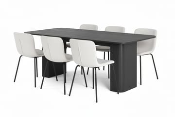 Kopparbo Spisebord 200-260 cm Uttrekkbart med 6 Katy Spisestoler - Svart / Hvit Bouclé / Metallben Svart - Møbler - Bord - Spisegruppe