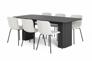 Kopparbo Spisebord 200-260 cm Uttrekkbart med 6 Katy Spisestoler - Svart / Hvit Bouclé / Metallben Svart - Møbler - Bord - Spisegruppe