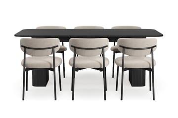 Kopparbo Spisebord 200-260 cm Uttrekkbart med 6 Lucy Spisestoler - Svart / Greige Bouclé / Metallben Svart - Møbler - Bord - Spisegruppe