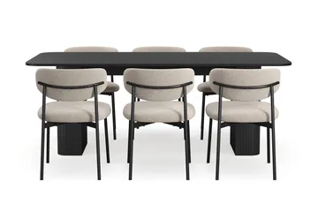 Kopparbo Spisebord 200-260 cm Uttrekkbart med 6 Lucy Spisestoler - Svart / Greige Bouclé / Metallben Svart - Møbler - Bord - Spisegruppe