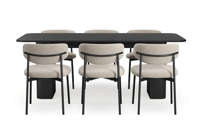 Kopparbo Spisebord 200-260 cm Uttrekkbart med 6 Lucy Spisestoler - Svart / Greige Bouclé / Metallben Svart - Møbler - Bord - Spisegruppe