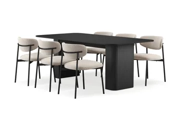 Kopparbo Spisebord 200-260 cm Uttrekkbart med 6 Lucy Spisestoler - Svart / Greige Bouclé / Metallben Svart - Møbler - Bord - Spisegruppe