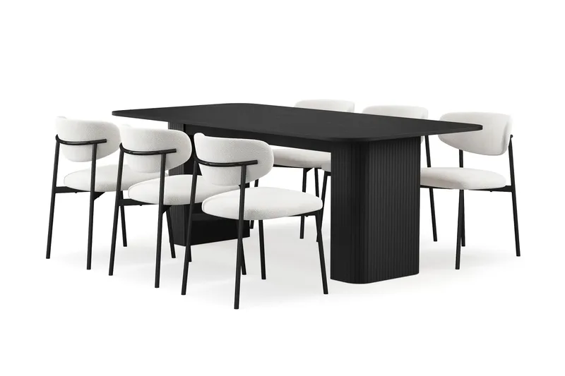 Kopparbo Spisebord 200-260 cm Uttrekkbart med 6 Lucy Spisestoler, Svart / Hvit Bouclé / Metallben Svart