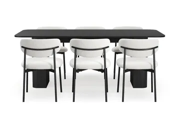 Kopparbo Spisebord 200-260 cm Uttrekkbart med 6 Lucy Spisestoler - Svart / Hvit Bouclé / Metallben Svart - Møbler - Bord - Spisegruppe