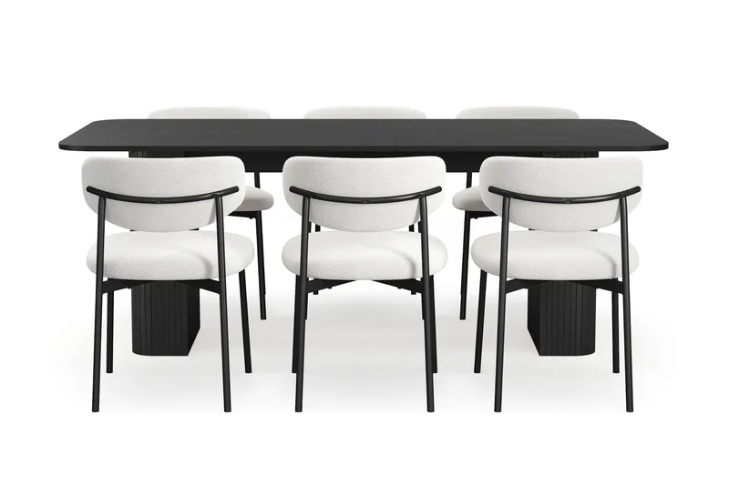 Kopparbo Spisebord 200-260 cm Uttrekkbart med 6 Lucy Spisestoler - Svart / Hvit Bouclé / Metallben Svart - Møbler - Bord - Spisegruppe
