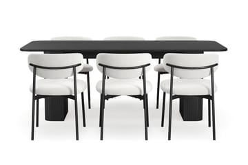 Kopparbo Spisebord 200-260 cm Uttrekkbart med 6 Lucy Spisestoler - Svart / Hvit Bouclé / Metallben Svart - Møbler - Bord - Spisegruppe