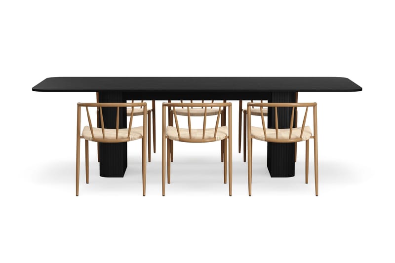 Kopparbo Spisebord 200-260 cm Uttrekkbart med 6 Winston Spisestoler - Svart / Beige / Metallben Eik - Møbler - Bord - Spisegruppe