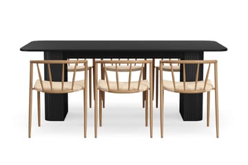 Kopparbo Spisebord 200-260 cm Uttrekkbart med 6 Winston Spisestoler - Svart / Beige / Metallben Eik - Møbler - Bord - Spisegruppe