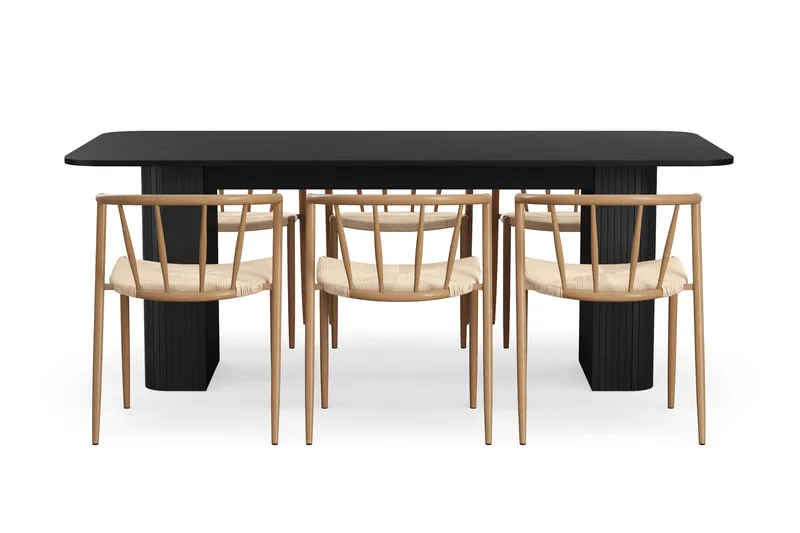 Kopparbo Spisebord 200-260 cm Uttrekkbart med 6 Winston Spisestoler - Svart / Beige / Metallben Eik - Møbler - Bord - Spisegruppe